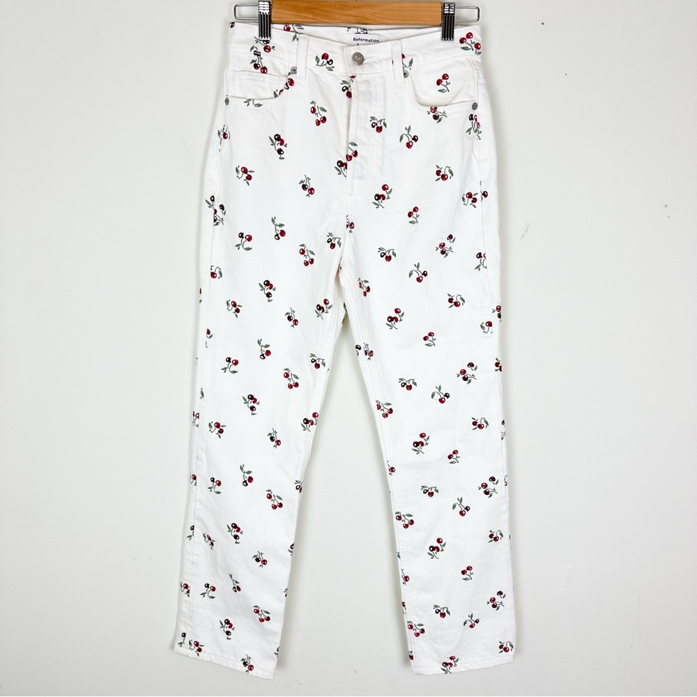 Reformation Cherries Embroidered High Rise Straight Jeans